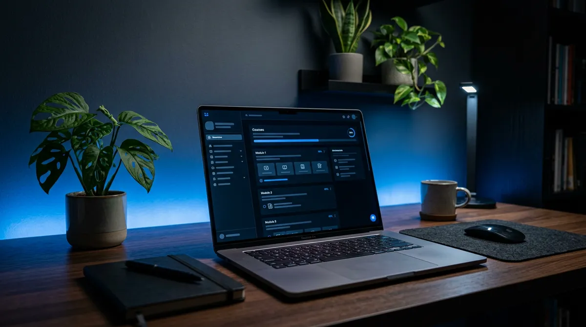 Nauka online na laptopie z modułami edukacyjnymi