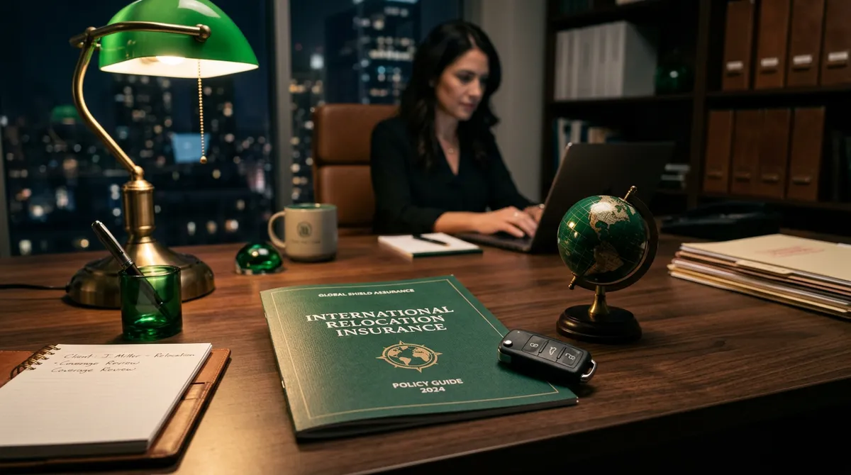 Symboliczna scena biurowa z dokumentami ubezpieczeniowymi i kluczykami do auta